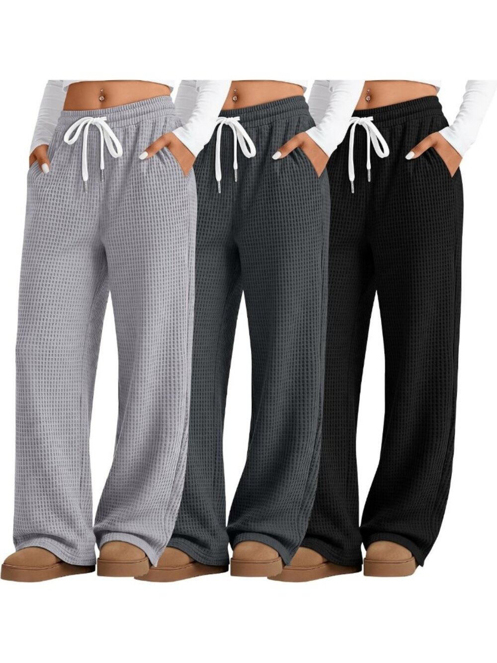 Cozy 3-Pack Women's Waffle Wide Leg Baggy Sweatpants for Ultimate Comfort